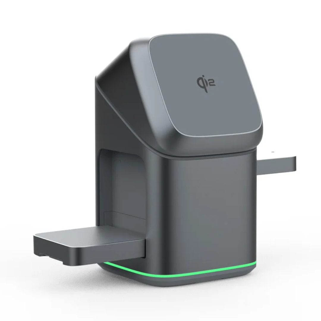 Station de charge 3-en-1 sur bureau avec iPhone en charge