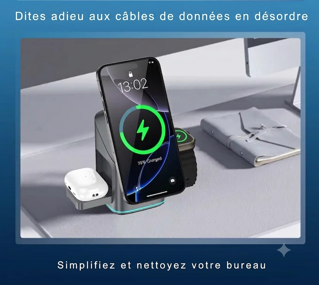 Station de charge 3-en-1 vue de côté