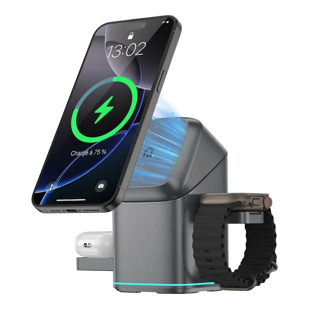 Station de charge sur table de nuit - design minimaliste