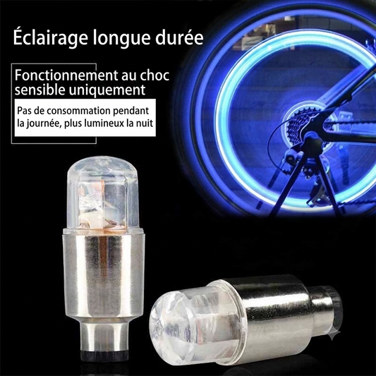 Bouchons de valve LED lumineux bleus sur roue de vélo